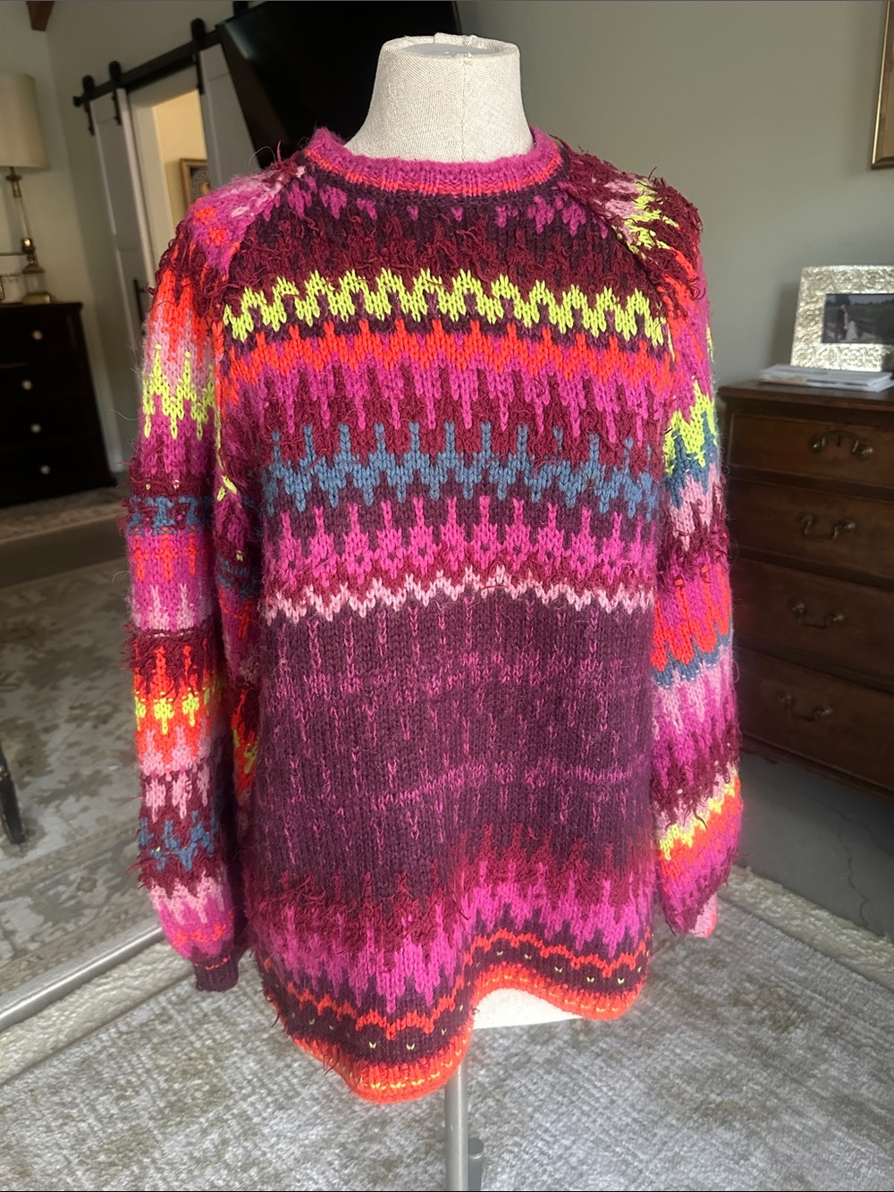 Free People Multicolor Fair Isle Crewneck Sweater in Burgundy, Pink, Neon Yellow